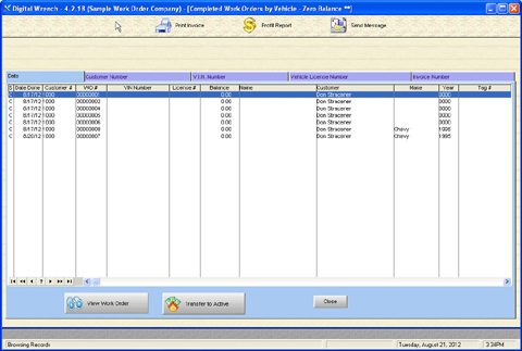 Work Order History Screen